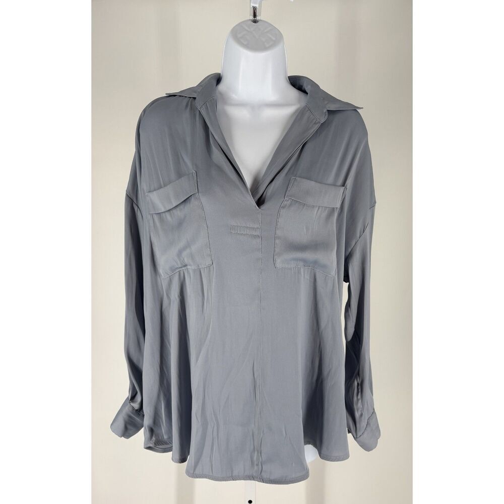 Free People Light Blue Split V-Neck Long Sleeve Pocket Blouse Top